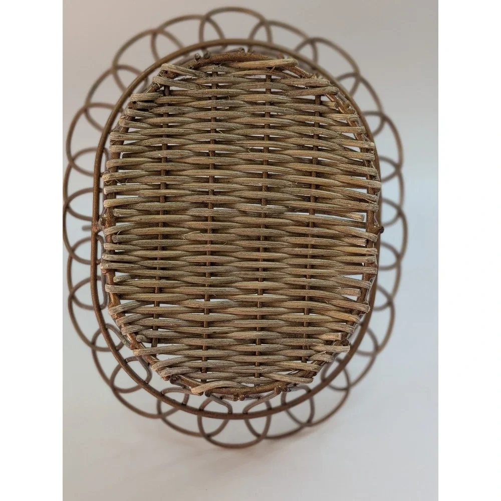 Vintage Bronze Wire Scalloped Petal Basket Woven Wicker Base Farmhouse Decor